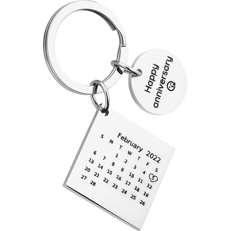 Personlig Nøkkelring med Sirkel og Kvadrat med Gravert Kalender og Tekst
