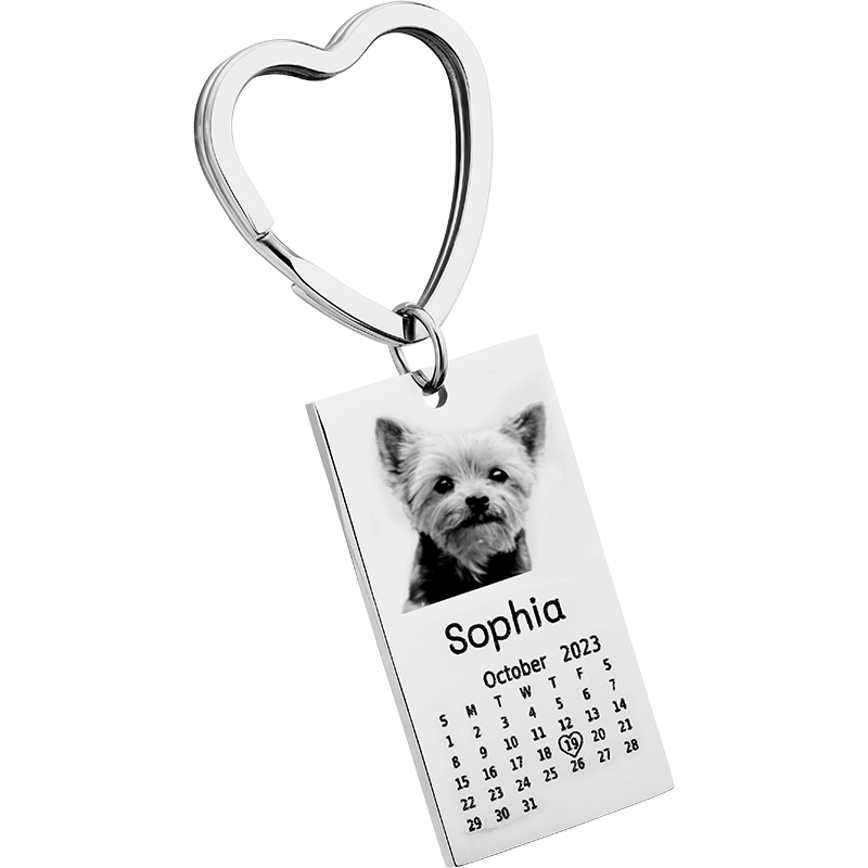 Nøkkelring med Gravert Foto av Hund eller Katt, Tekst og Kalender
